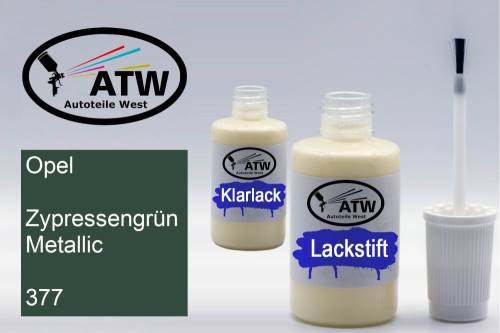 Opel, Zypressengrün Metallic, 377: 20ml Lackstift + 20ml Klarlack - Set, von ATW Autoteile West.